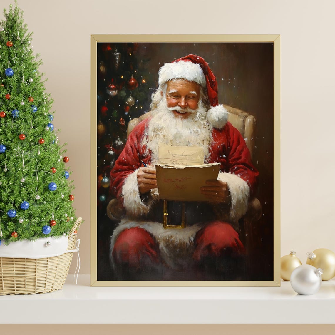 Vintage Christmas Wall Art Santa Reading Book Winter Holiday Art Christmas Oil Painting Cottagecore Decor Santa Claus Print 760 - Image 5