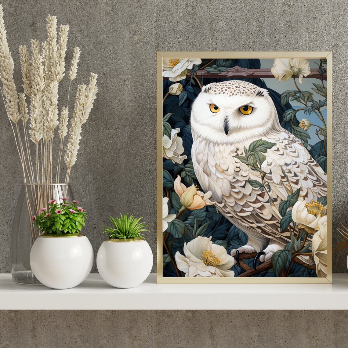 Snowy White Owl Golden Eyes Floral Botanical Painting Poster - Image 5