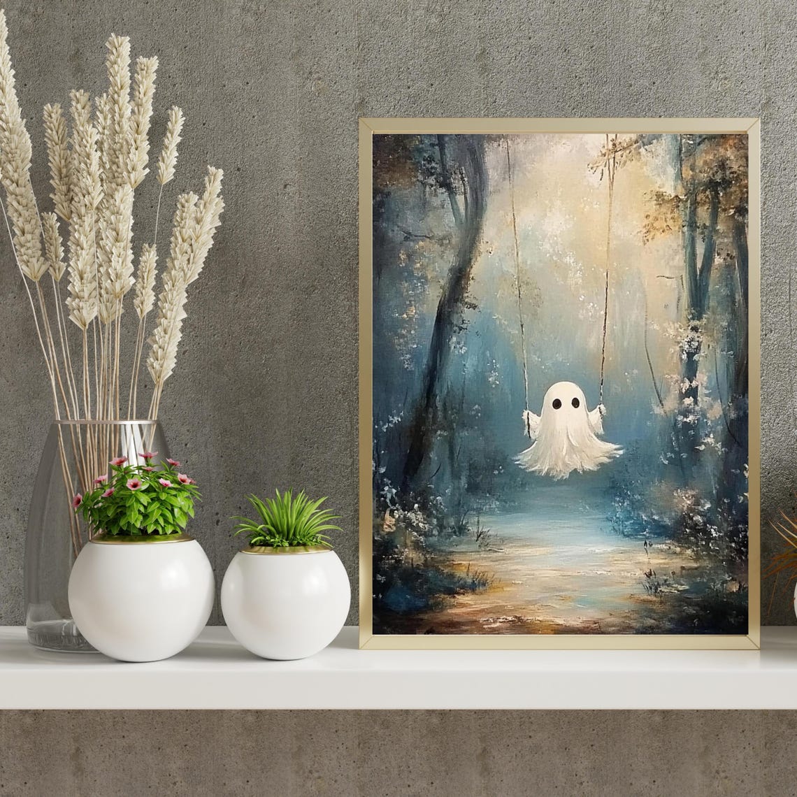 Cute Ghost On A Swing In A Misty Blue Forest Halloween Poster - Image 4