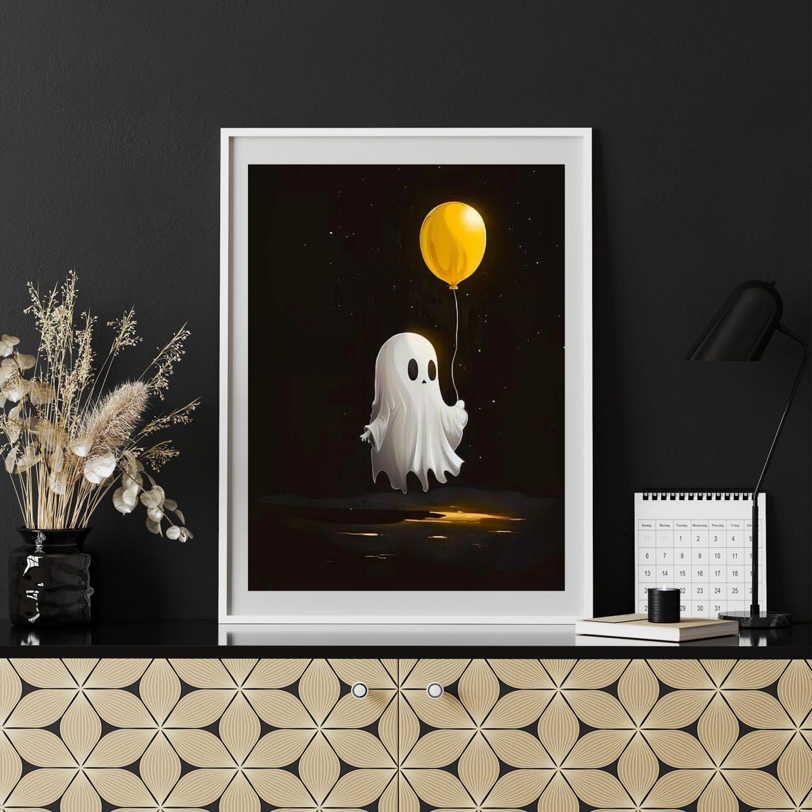 Little Ghost Holding Yellow Balloon Starry Night Halloween Poster - Image 3