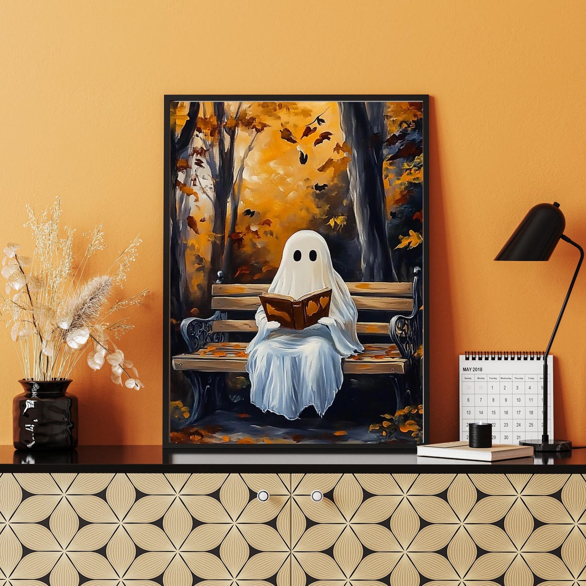 Cute Ghost Reading A Book On A Bench In An Autumn Forest Poster - Image 4