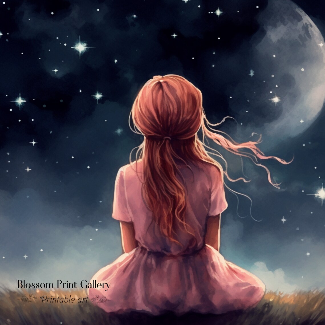 Little Girl Watching Stars and Moon Night Sky Painting Poster - Image 2
