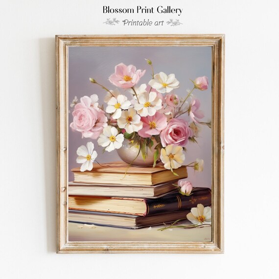 Pink Roses Vase Antique Books Still Life Floral Painting Poster