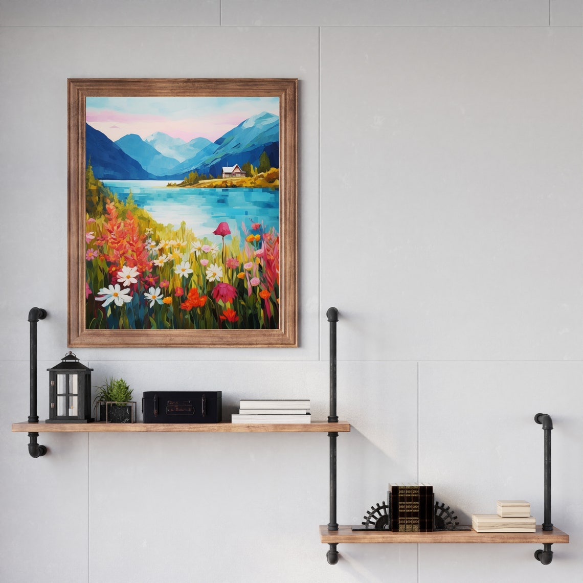 Bright Alpine Lake Cabin Wildflower Meadow Mountain Summer Poster - Image 4