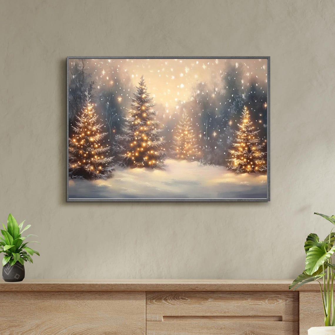 Glowing Christmas Trees Snowy Night Winter Forest Painting Poster - Image 5