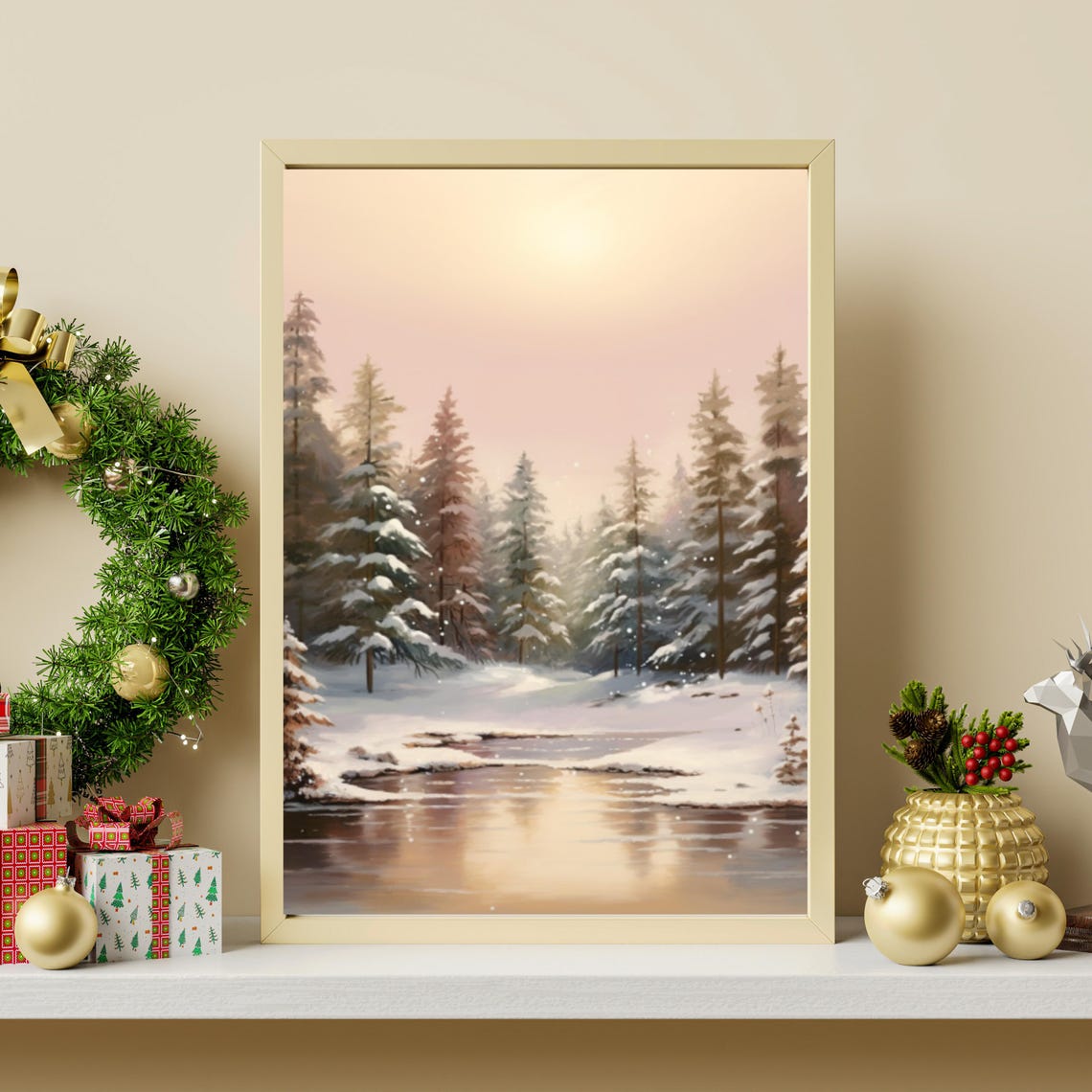 Snowy Pine Forest Stream At Dusk Winter Nature Landscape Poster - Image 4