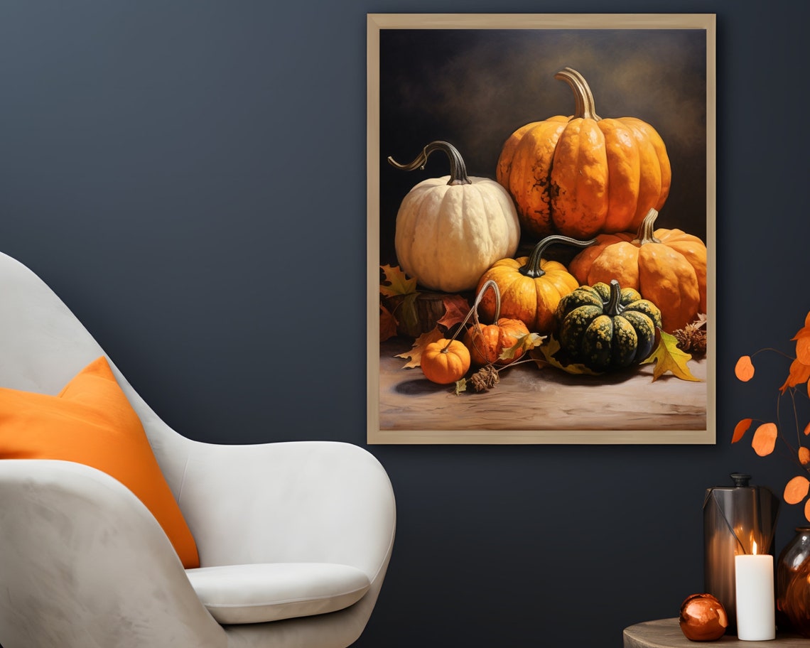 Pumpkin And Gourd Still Life Painting On Dark Background Fall Poster - Image 6