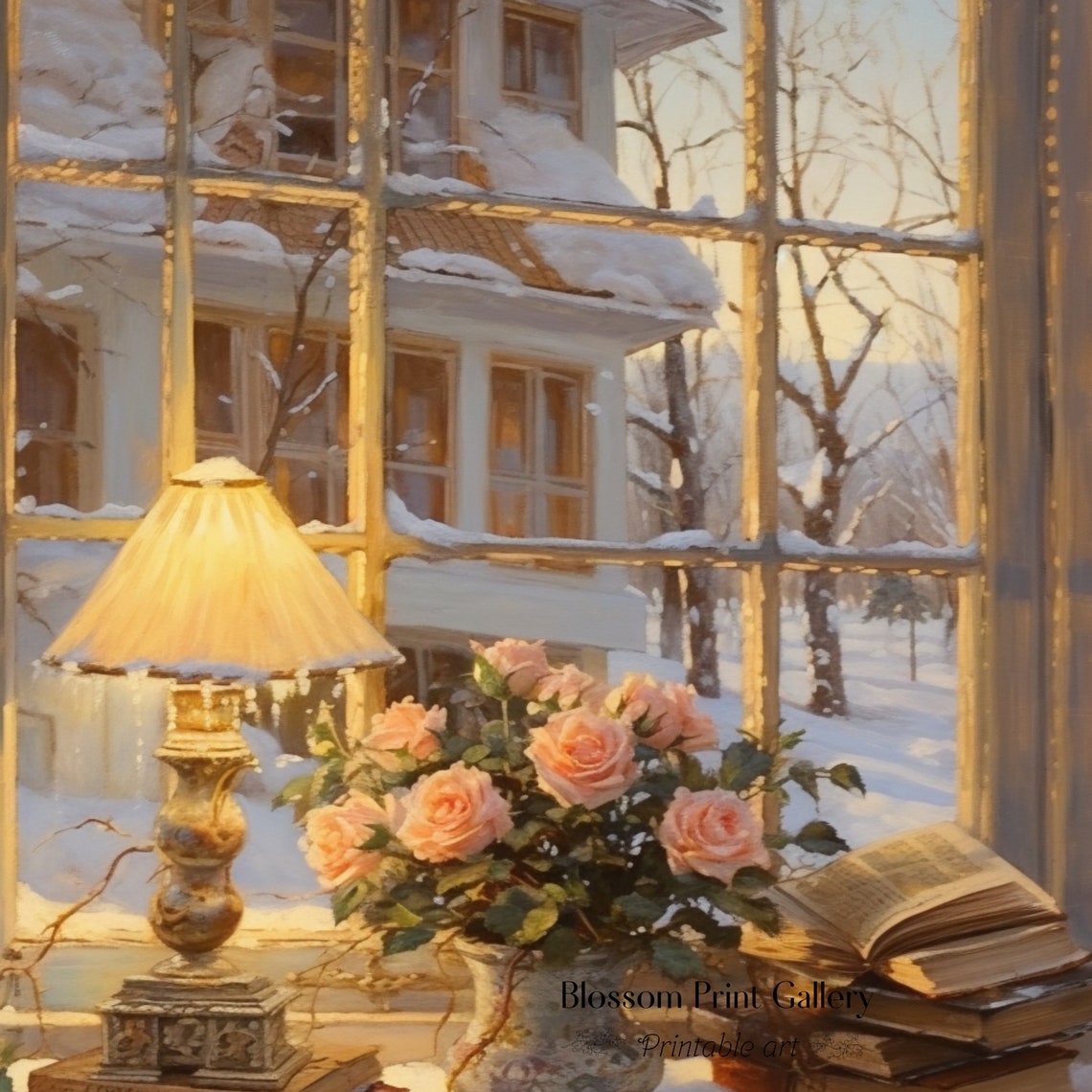 Romantic Winter Window with Lamp and Roses Still Life Painting Poster - Image 3
