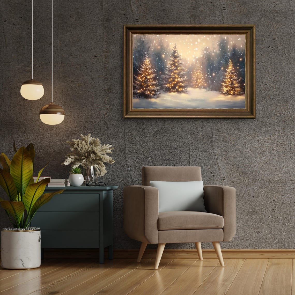Glowing Christmas Trees Snowy Night Winter Forest Painting Poster - Image 6