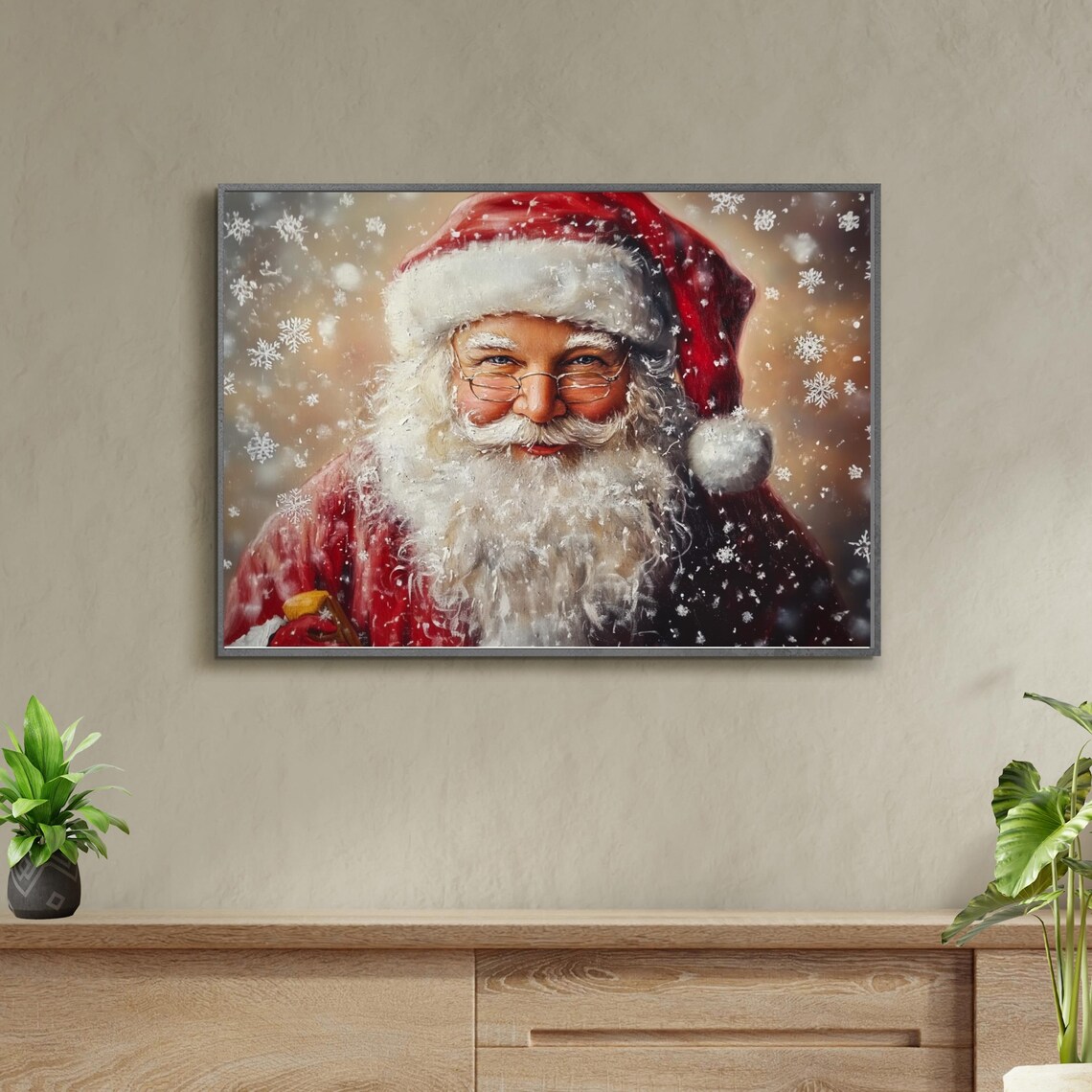Vintage Santa Claus Portrait With Snowflakes Red Suit Christmas Poster - Image 4
