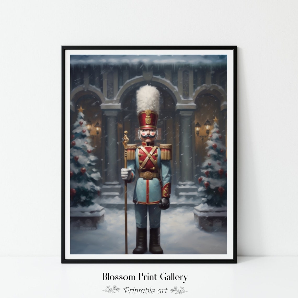 Nutcracker Soldier in Snowy Christmas Village Painting Poster