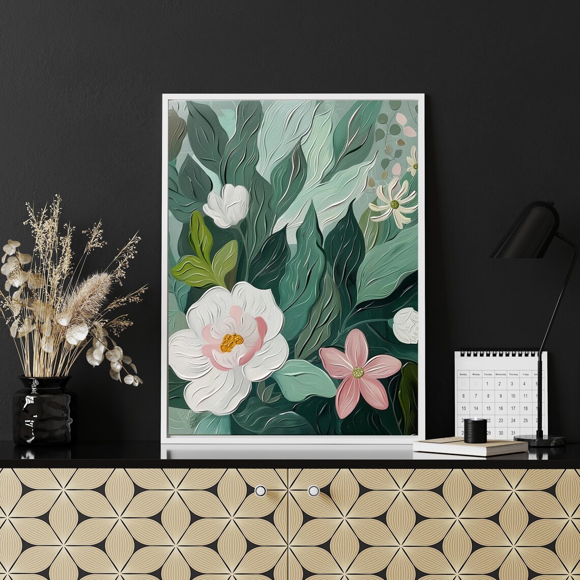 Sage Green Botanical with White Magnolias Oil Painting Poster - Image 6