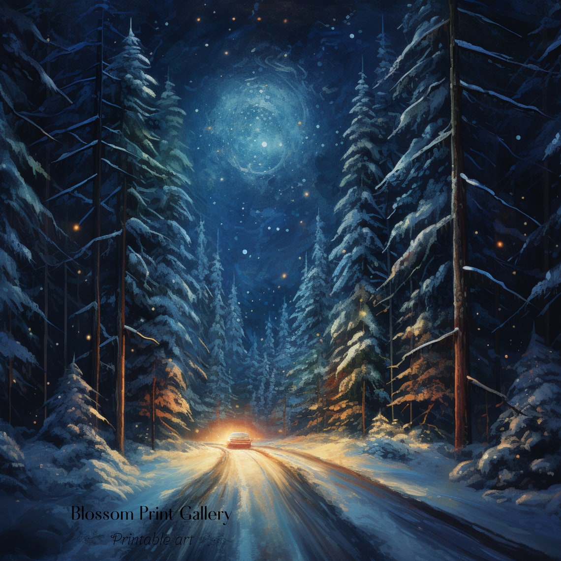 Starry Night Snowy Forest Road with Car Headlights Painting Poster - Image 3