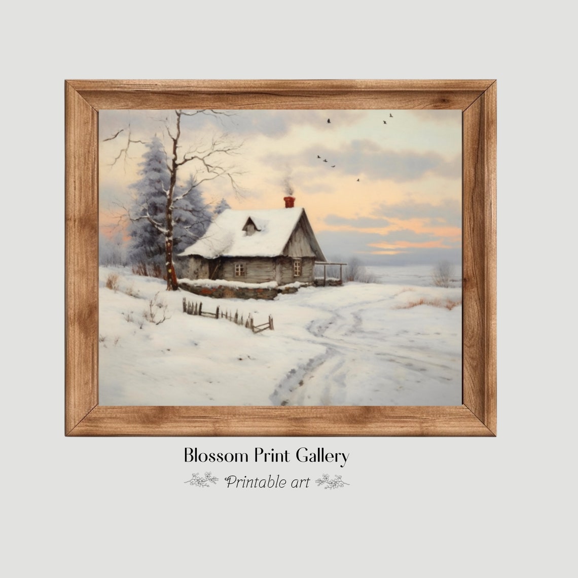 Rustic Winter Cabin At Sunset Birds Vintage Landscape Art Poster - Image 6