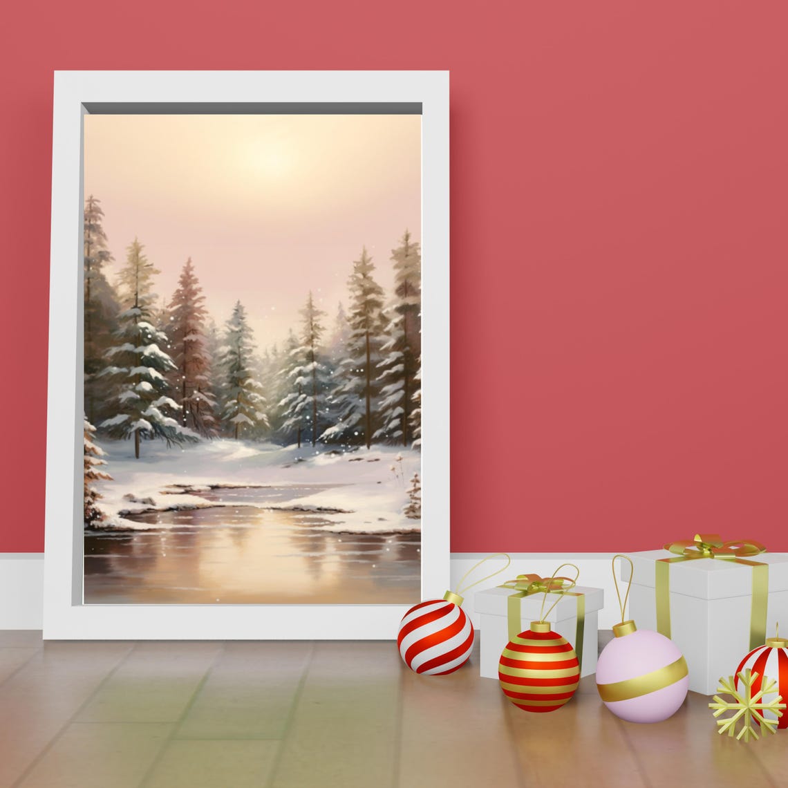 Snowy Pine Forest Stream At Dusk Winter Nature Landscape Poster - Image 6