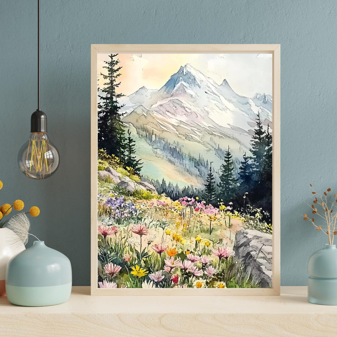 Wildflower Meadow Snowy Mountain Watercolor Landscape Poster - Image 2