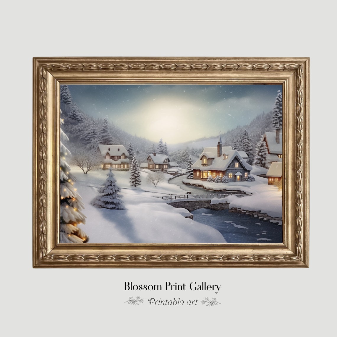 Snowy Christmas Village with Bridge at Dusk Winter Painting Poster