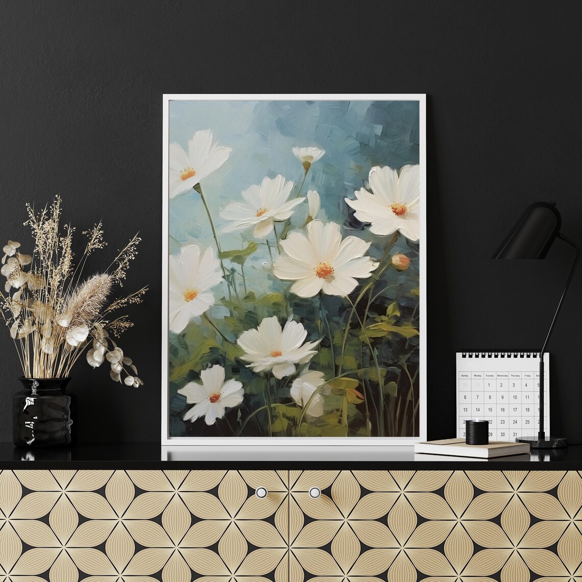 White Cosmos Flowers Impressionist Blue Summer Garden Oil Painting Poster - Image 3