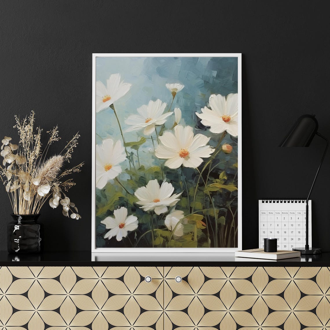 White Floral Still Life Oil Painting Vintage Farm House Summer Country Field Painting Art Botanical Art 616 - Image 3