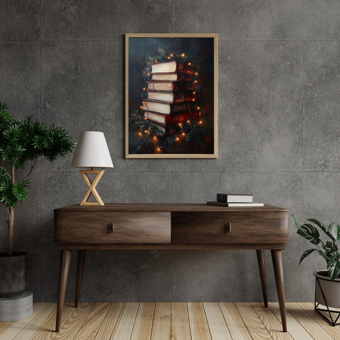 Vintage Christmas Books Stack Pine Garland Lights Holiday Poster - Image 6