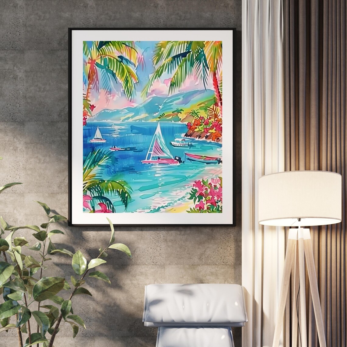 Tropical Beach Palm Trees Sailboats Bright Watercolor Poster - Image 2