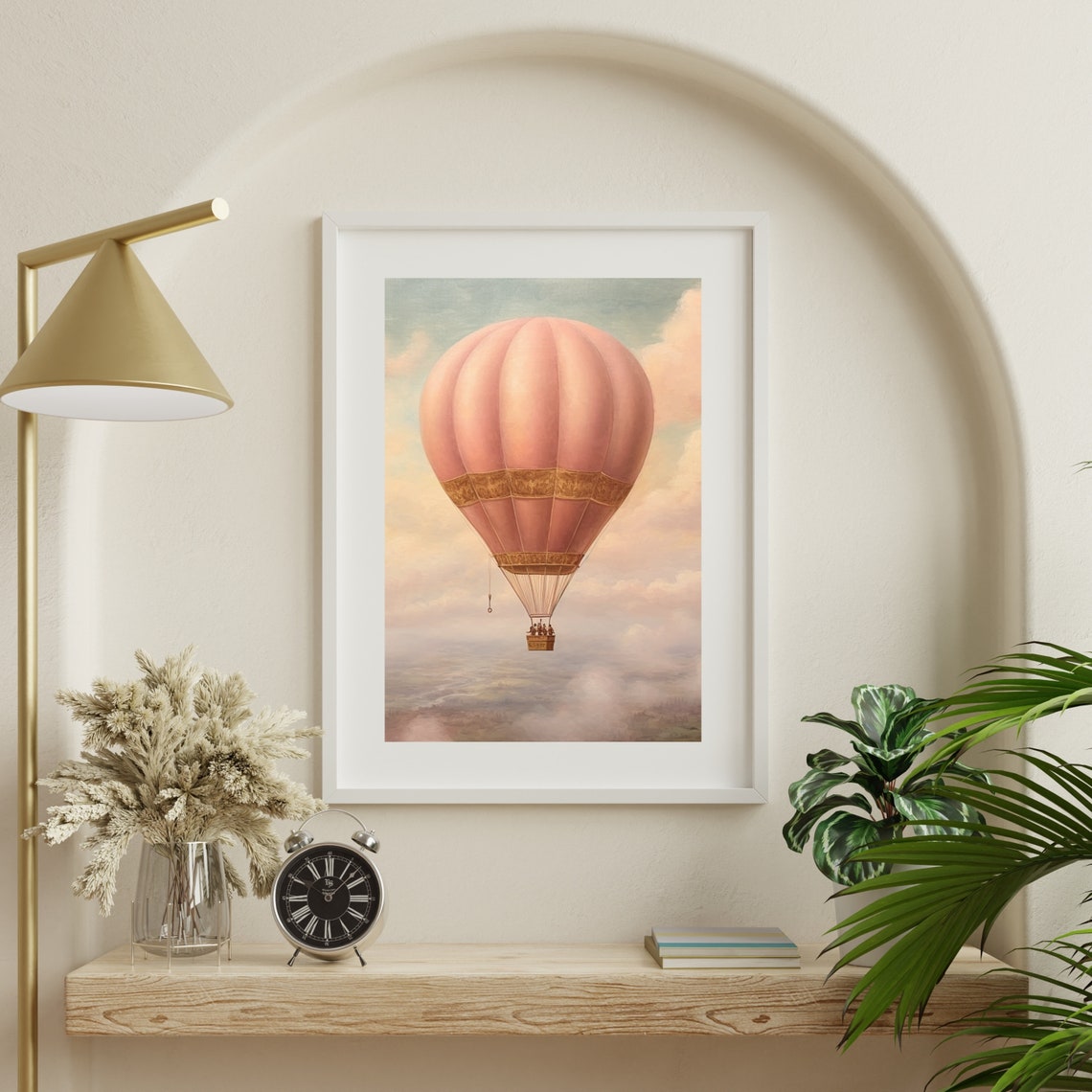 Pink Vintage Hot Air Balloon in Pastel Clouds Painting Poster - Image 4