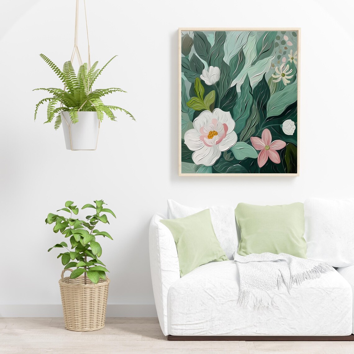 Sage Green Botanical with White Magnolias Oil Painting Poster - Image 4