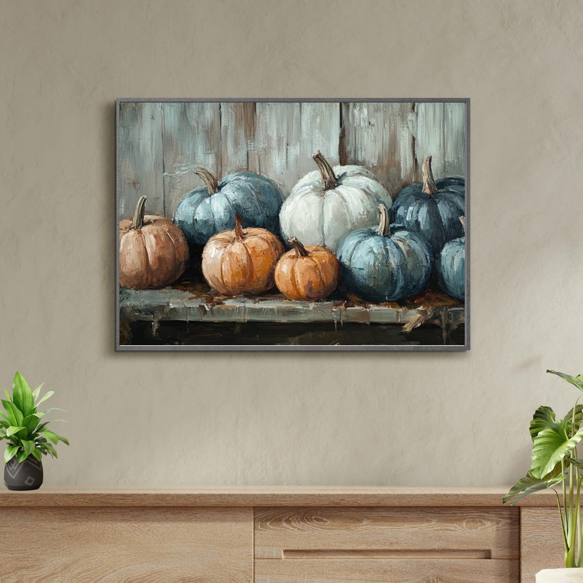 Blue And Orange Pumpkins Still Life Rustic Fall Painting Poster - Image 6