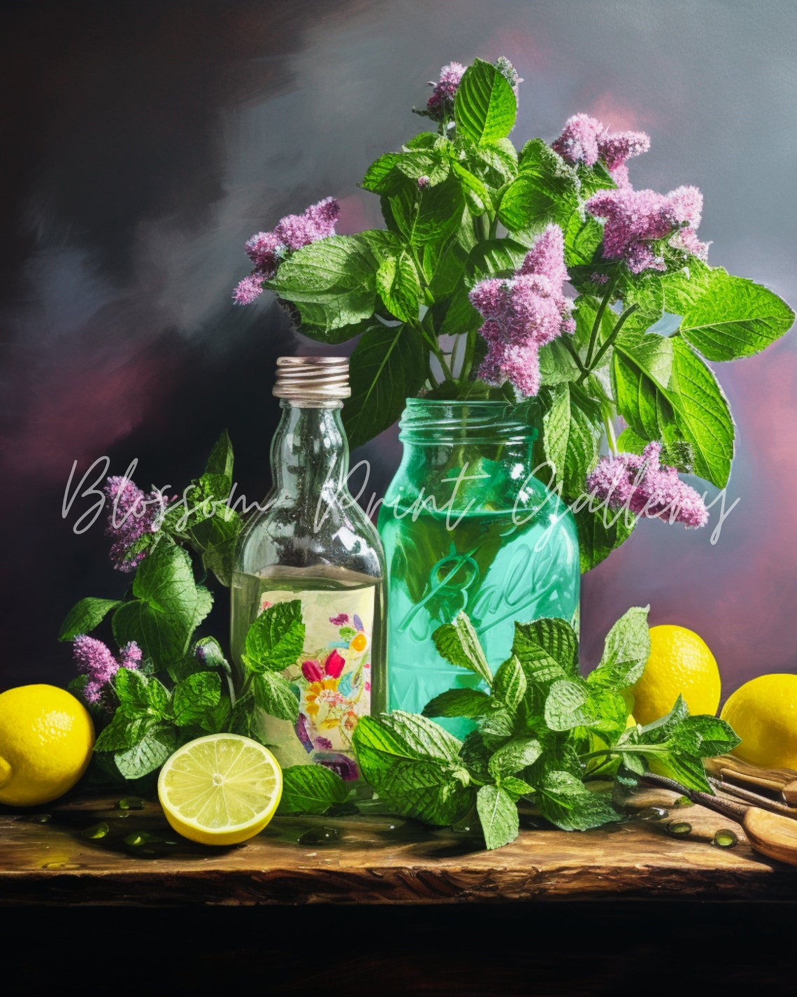 Green Glass Bottle with Lemons and Pink Flowers Still Life Poster - Image 2