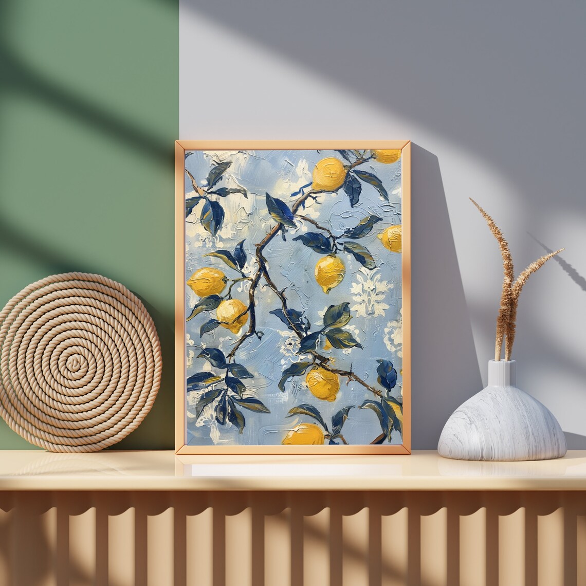 Yellow Lemon Branch with Blue Leaves Textured Oil Painting Poster - Image 6