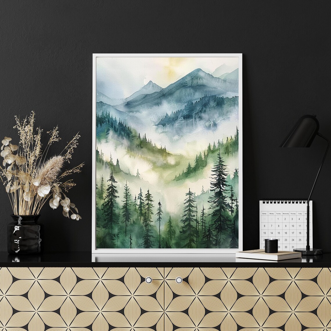 Misty Mountain Forest Watercolor Foggy Peaks Landscape Poster - Image 5