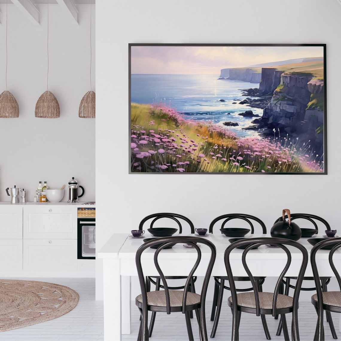 Sea Cliffs Pink Wildflowers Ocean Sunset Coastal Landscape Poster - Image 2