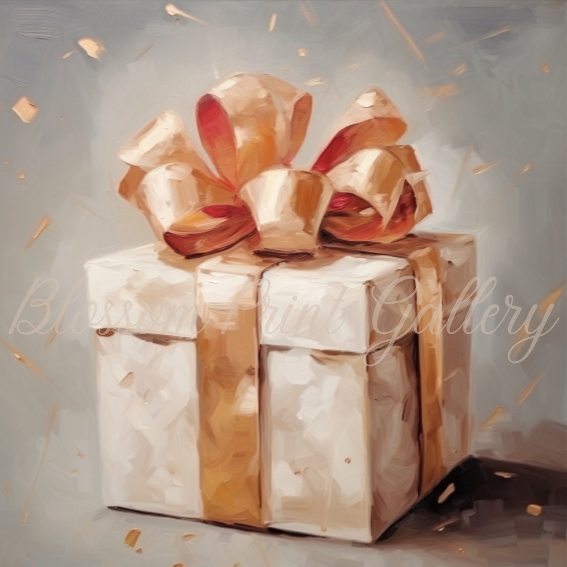 Painted Gift Box With Gold Bow Christmas Present Still Life Art Poster - Image 3