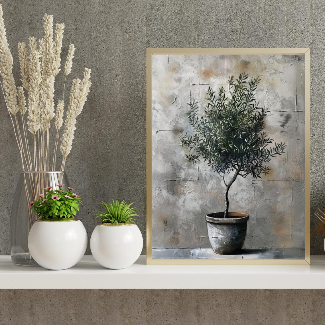 Potted Olive Tree Rustic Gray Wall Minimalist Botanical Art Poster - Image 2