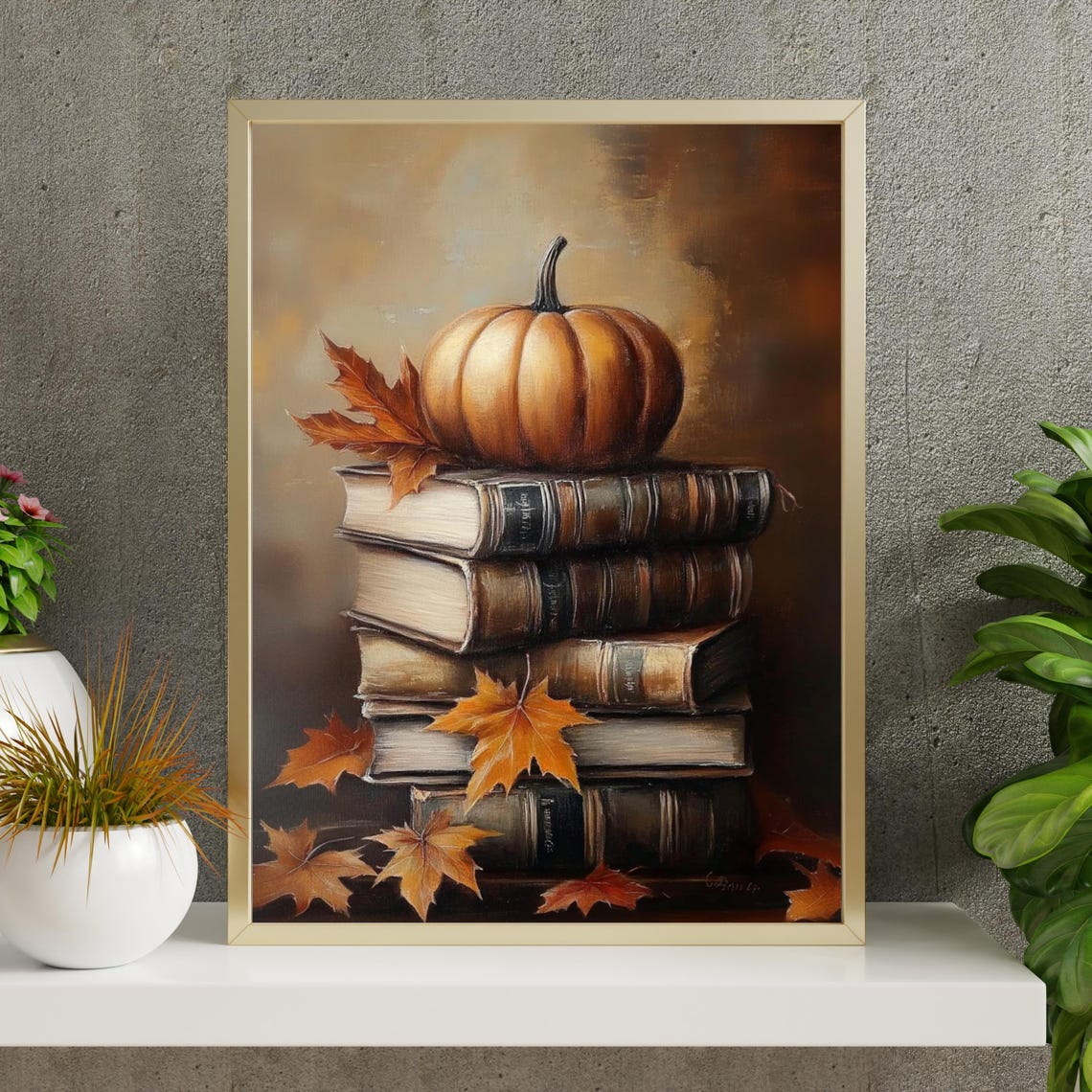 Pumpkin on a Stack of Books with Maple Leaves Autumn Fall Poster - Image 2
