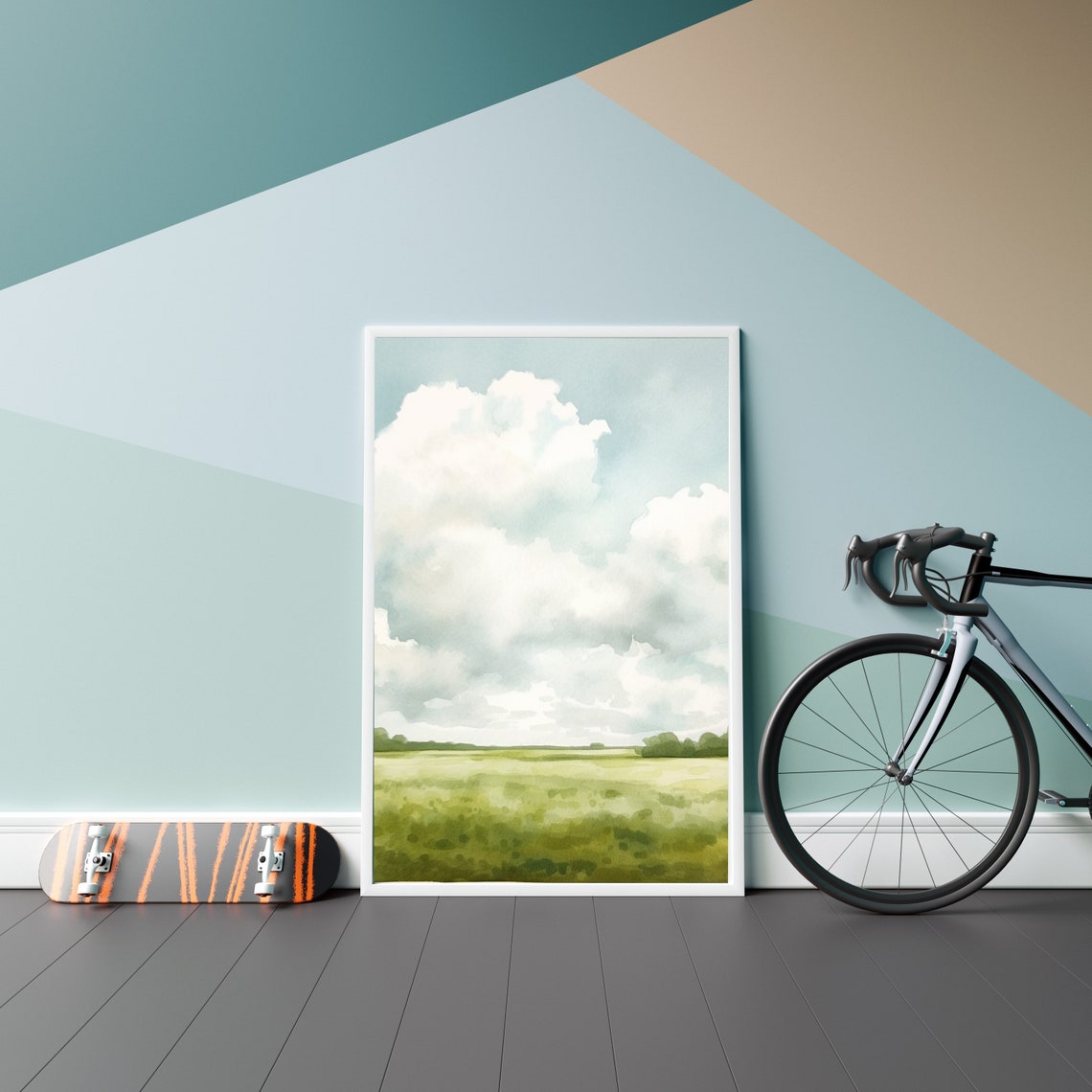 Green Field Under Big Clouds Watercolor Sky Landscape Poster - Image 3
