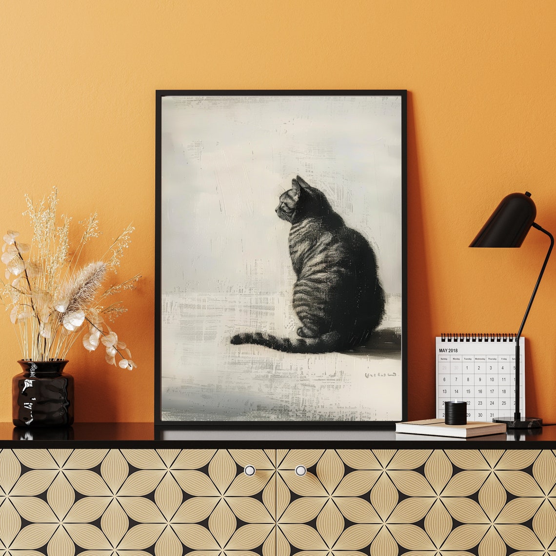 Charcoal Sketch Tabby Cat Seated Profile Minimalist Art Poster - Image 5