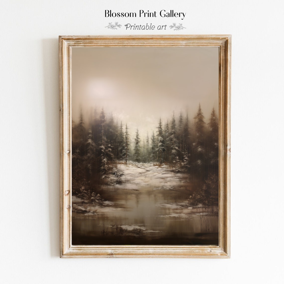 Misty Winter Forest Snow Pines Muted Neutral Landscape Art Poster