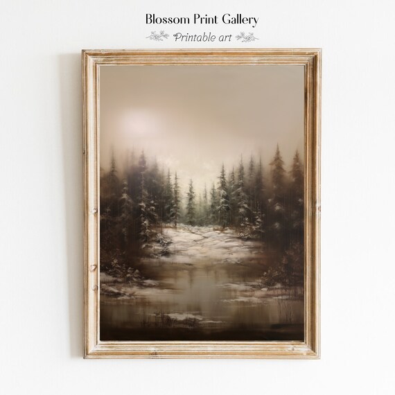 Misty Winter Forest Snow Pines Muted Neutral Landscape Art Poster