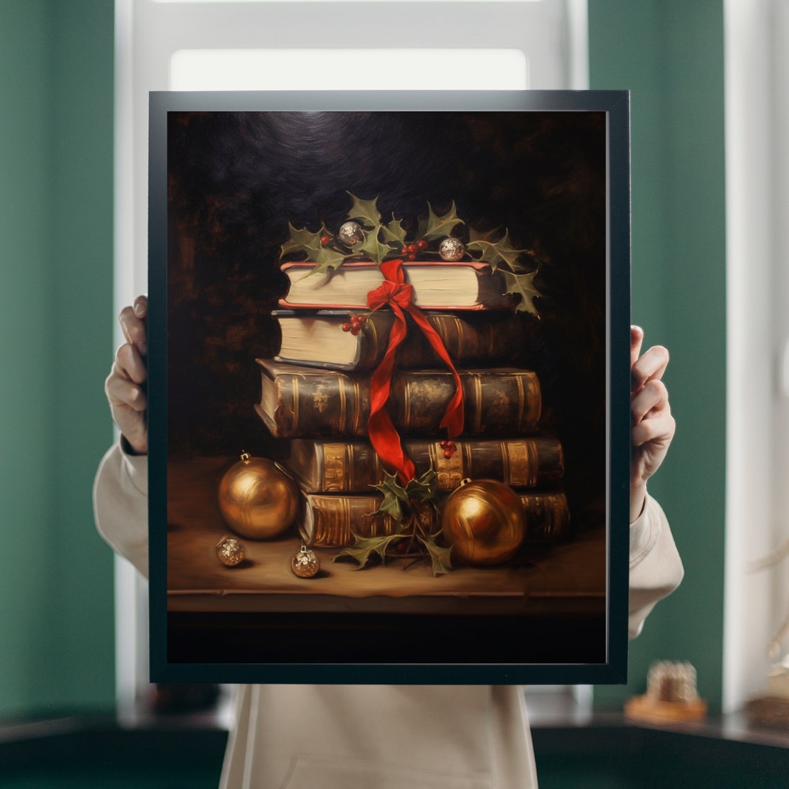 Moody Christmas Book Stack With Red Ribbon Holly Gold Baubles Poster - Image 4