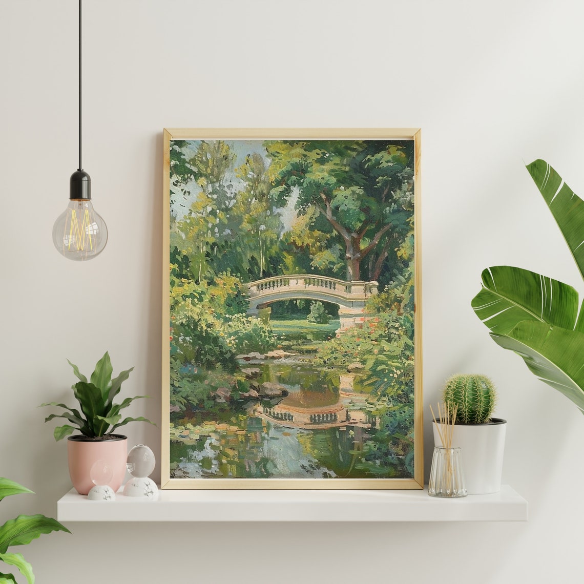 Stone Bridge Over Garden Pond Impressionist Summer Landscape Poster - Image 2