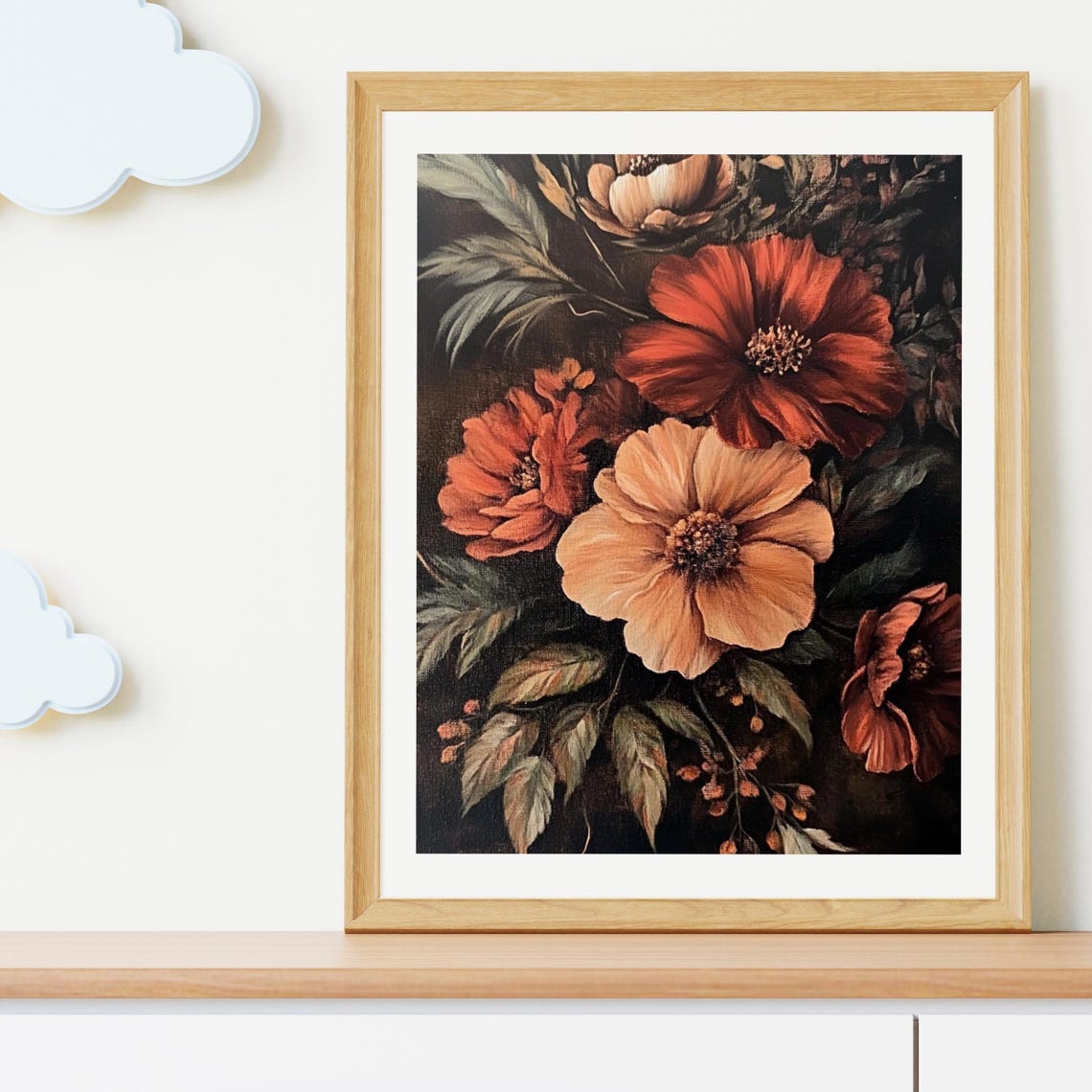 Moody Dark Floral Painting with Burnt Orange Blooms Vintage Art Poster - Image 3