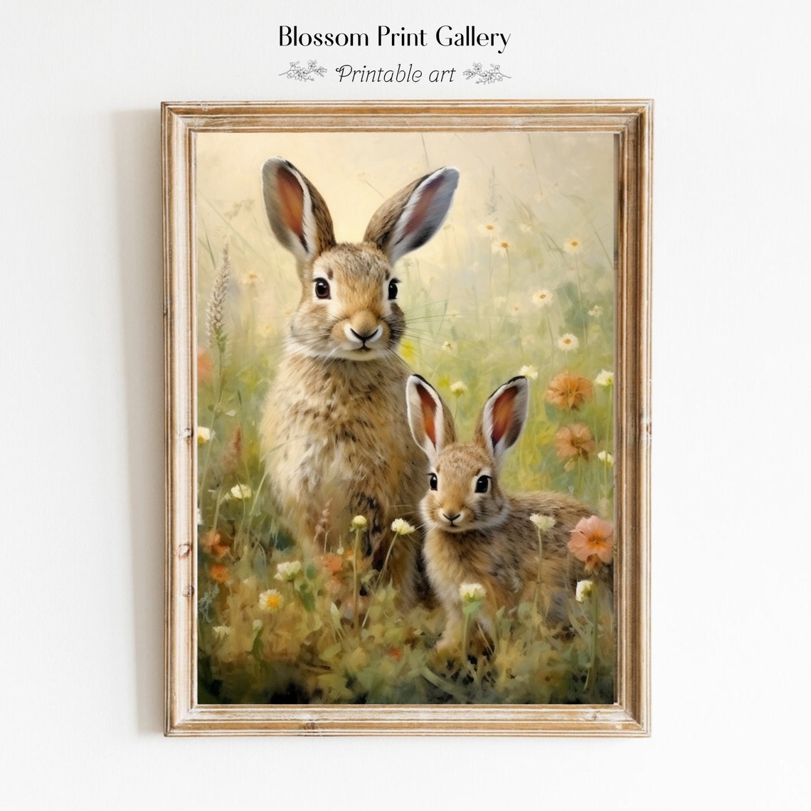 Two Bunnies Wildflower Meadow Cute Rabbit Pair Painting Poster