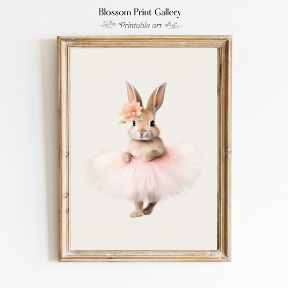 Cute Ballerina Bunny Pink Tutu Nursery Rabbit Painting Wall Art