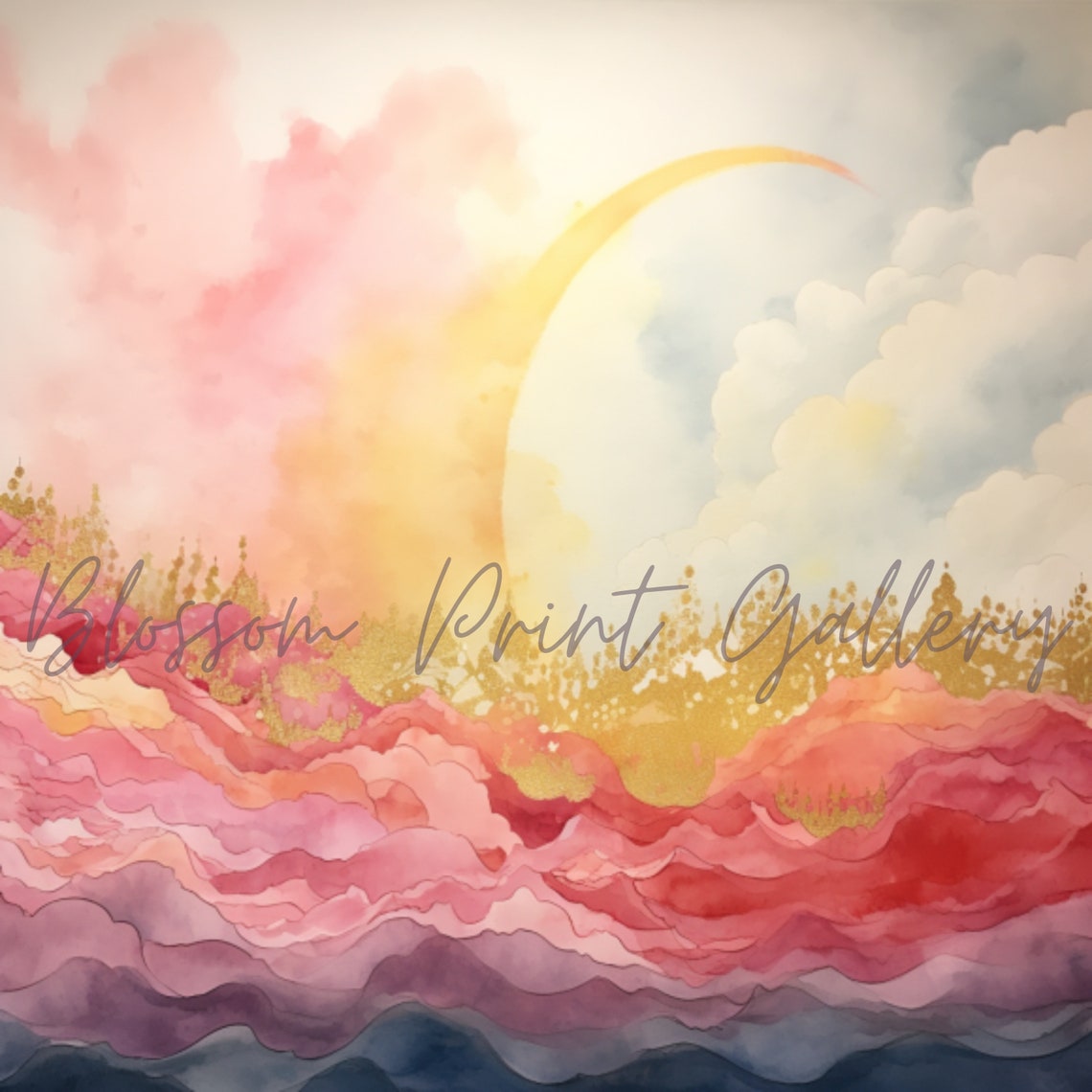 Pink and Gold Abstract Moon over Wavy Hills Watercolor Poster - Image 3