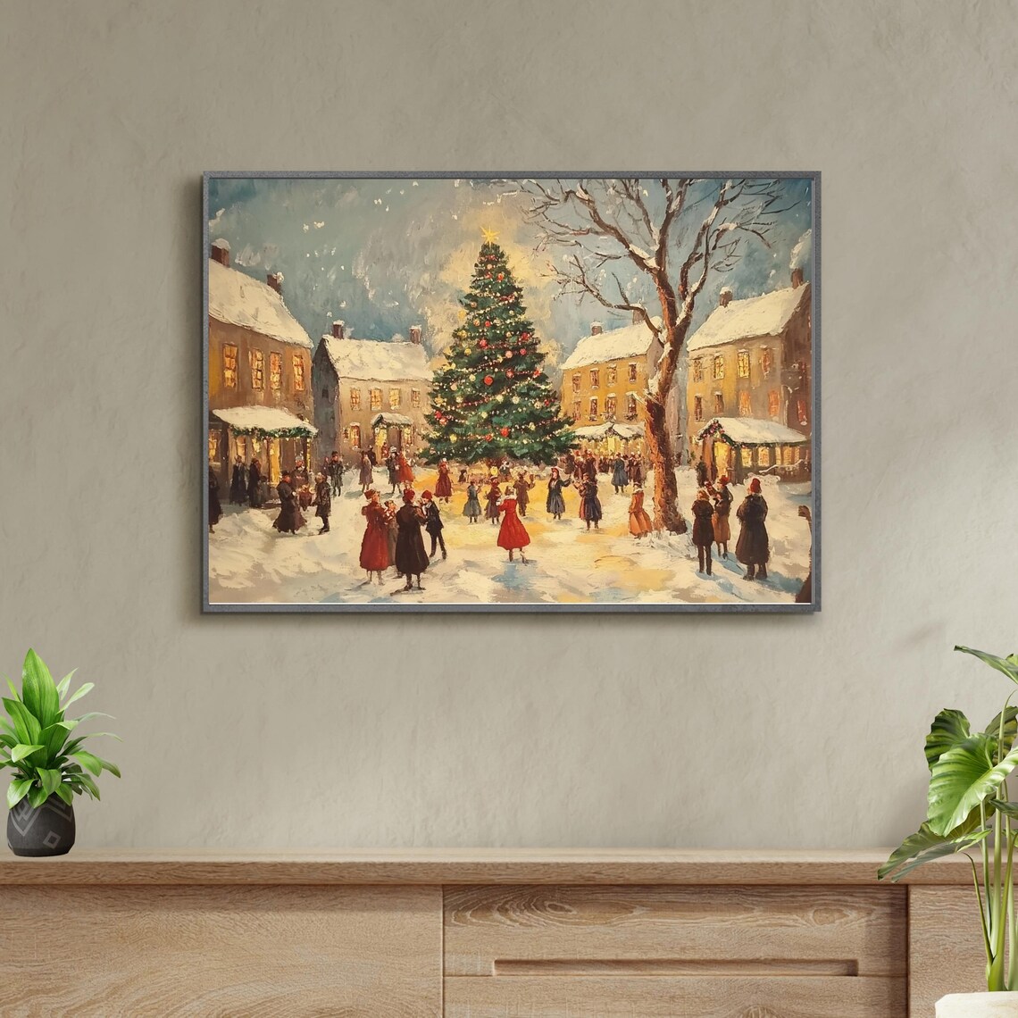 Vintage Village Christmas Tree Gathering Snowy Night Painting Poster - Image 5