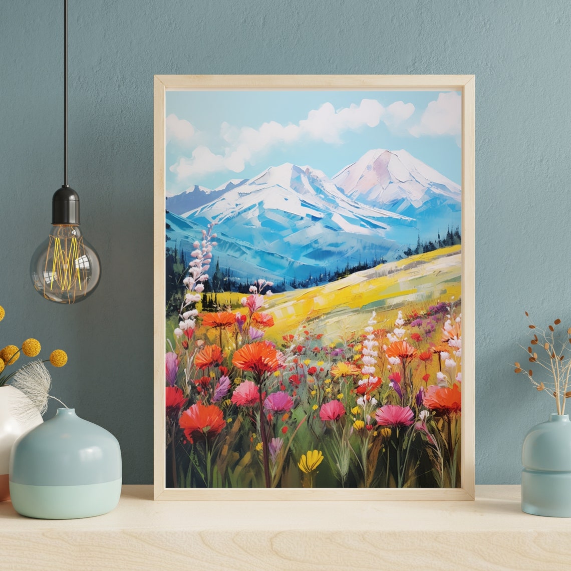 Vibrant Snowy Mountain Peaks Red Wildflowers Alpine Meadow Poster - Image 4