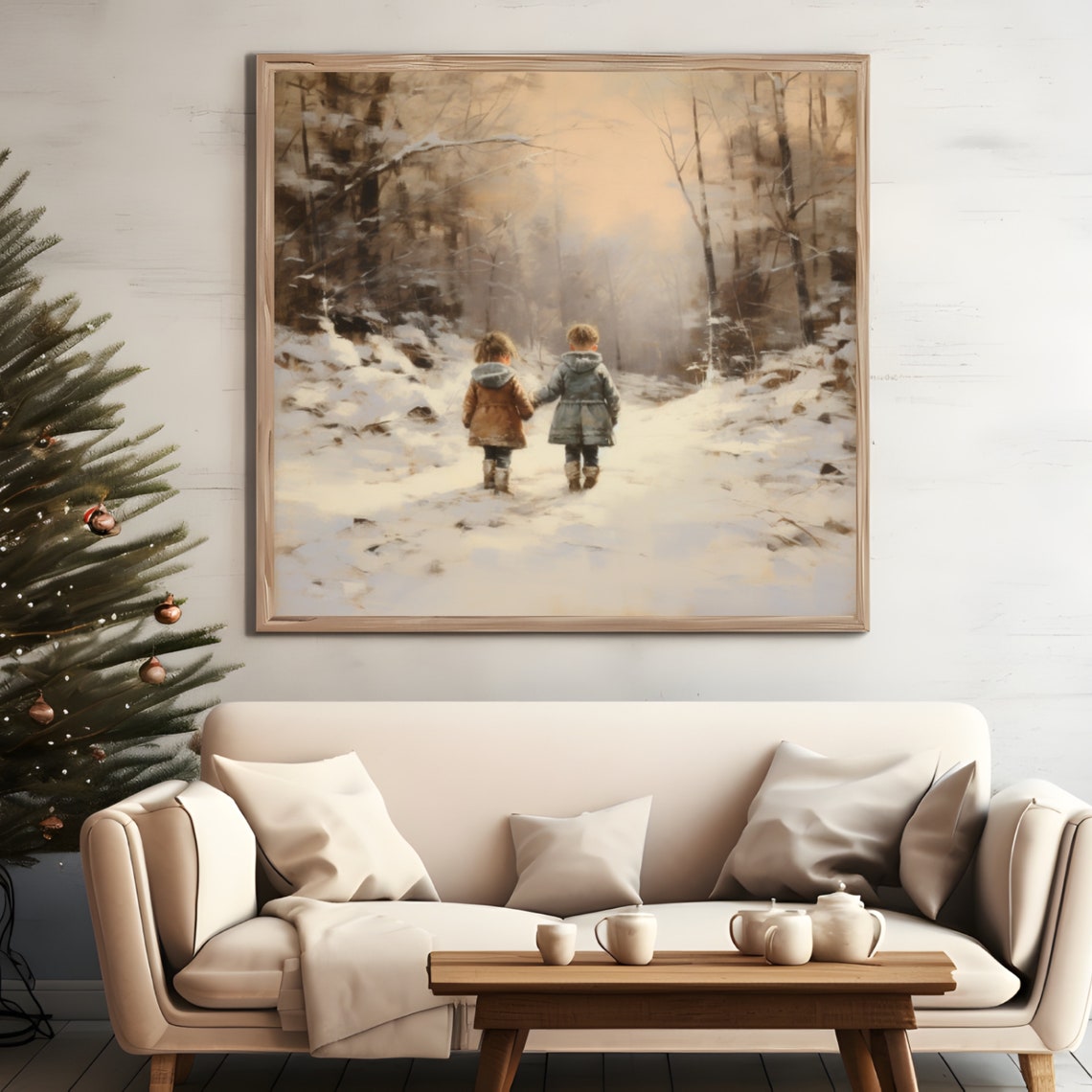 Two Children Snowy Forest Golden Hour Winter Painting Poster - Image 5