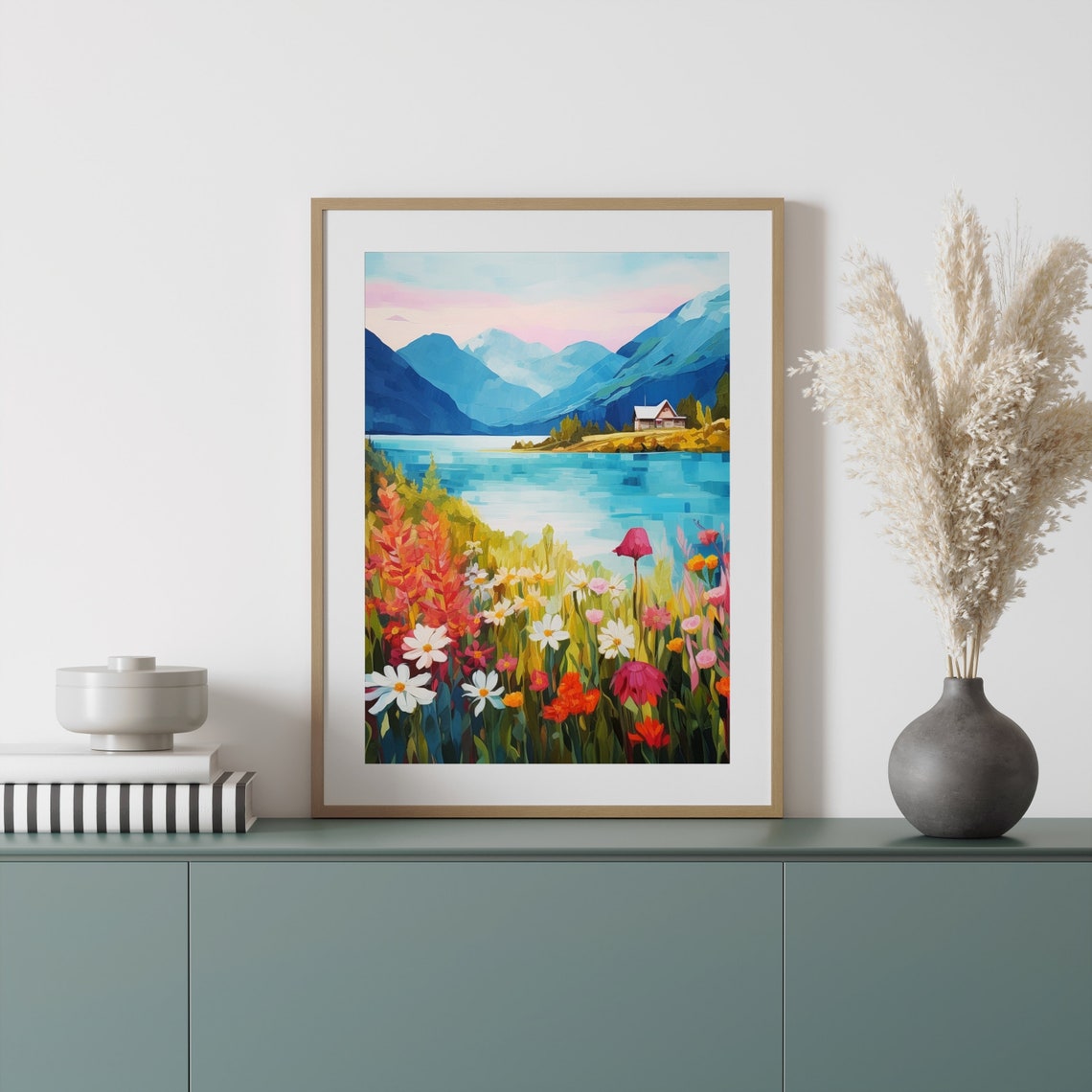 Bright Alpine Lake Cabin Wildflower Meadow Mountain Summer Poster - Image 3