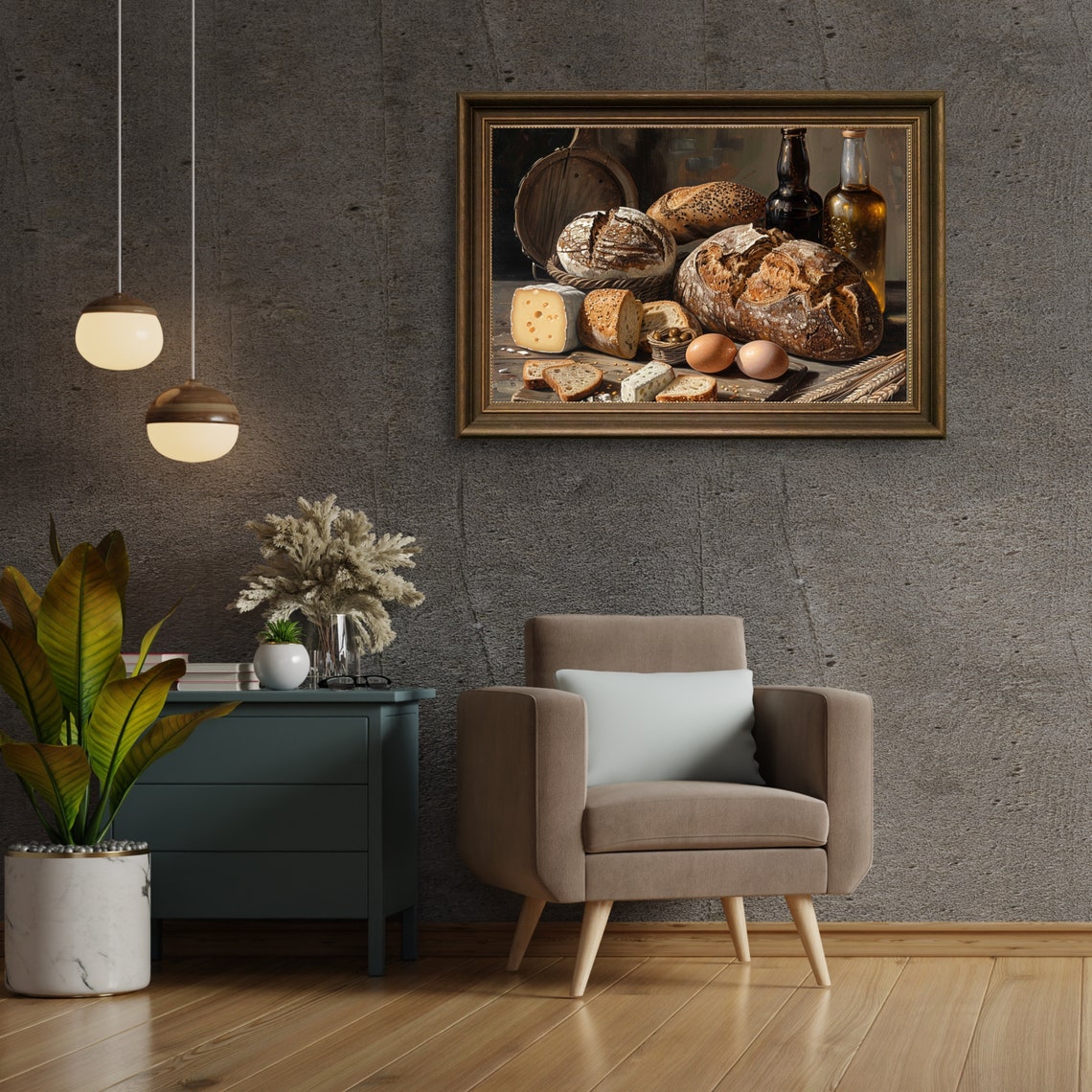 Rustic Bread Cheese Eggs Still Life Vintage Kitchen Painting Poster - Image 6